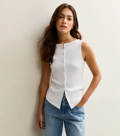 Women's Petite White Button Up Vest