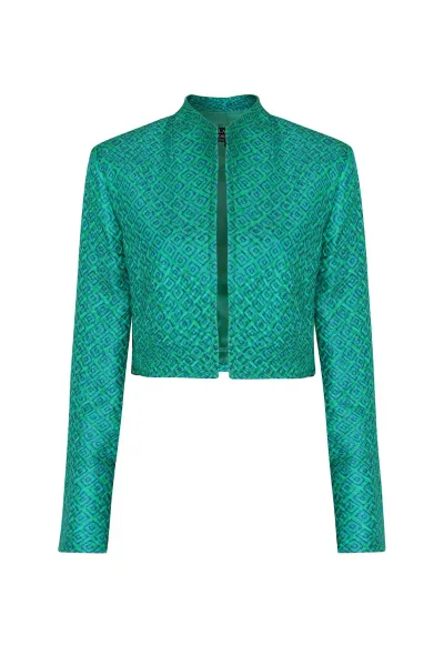 Silk/Wool Matelassé Short Jacket in Green/Blue Diamond Print - Hermione