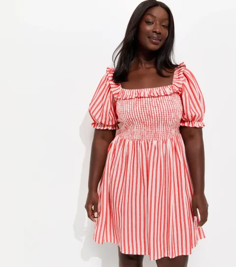 Women's Plus Size Red Cotton Rich Striped Shirred Mini Dress Curves