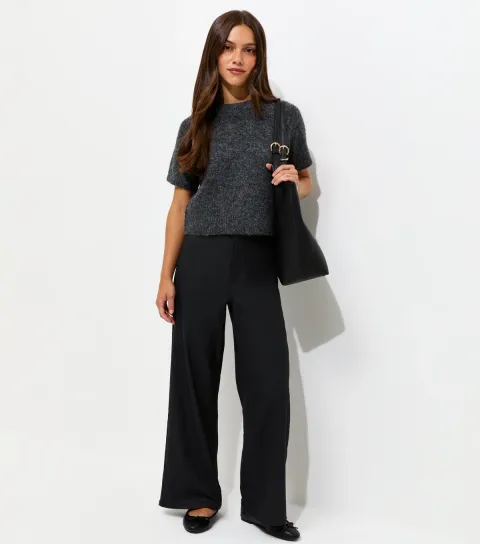 New Look Women's Petite Black Coated High Waist Stretch Wide Leg Trousers