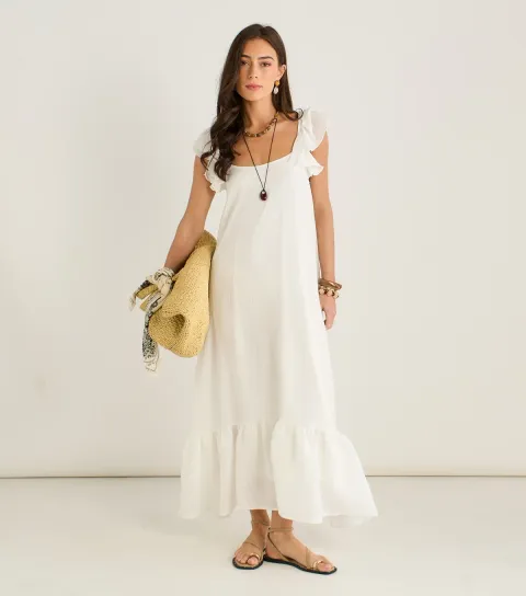 Women's White Chiffon Ruffled Strap Maxi Dress
