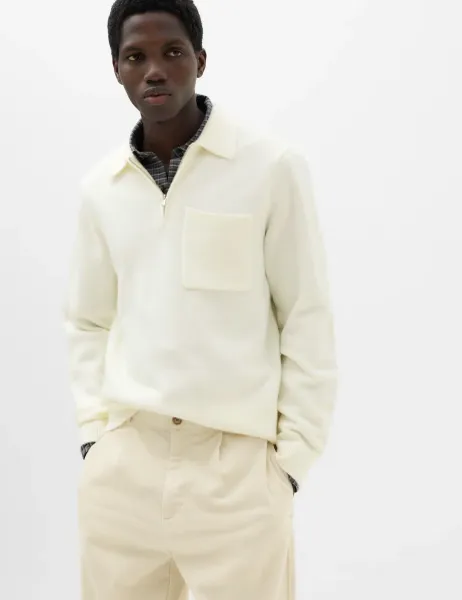Marks & Spencer Supersoft Quarter Zip Knitted Polo Shirt Ecru