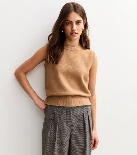 Women's Camel Crew Neck Knit Vest