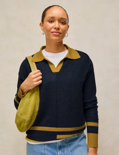 White Stuff Cotton with Merino Wool Collared Jumper Navy Mix