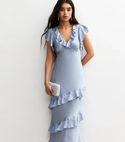 Women's Blue Satin Ruffled Midi Dress