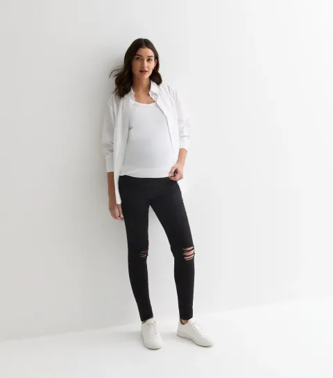 Women's Maternity Black Lift & Shape Ripped Over Bump Emilee Jeggings