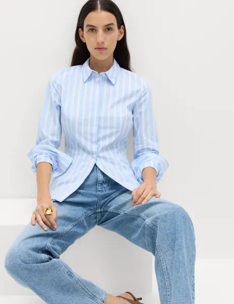 Marks & Spencer Cotton Rich Striped Collared Fitted Shirt Blue Mix