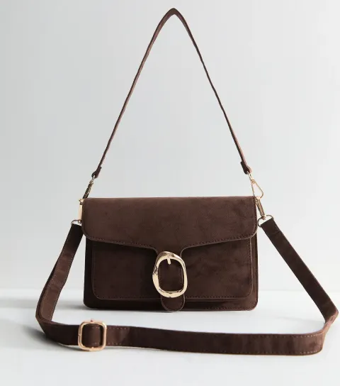 Dark Brown Faux Suede Sculpted Buckle Shoulder Bag