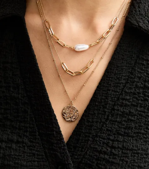 Gold Tone Triple Chain Hammered Disk Necklace