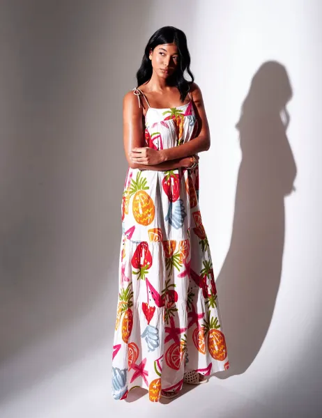 South Beach Pure Cotton Printed Strappy Maxi Dress Multi