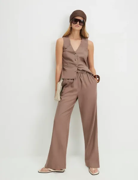River Island Linen Rich Drawstring Tapered Trousers Beige