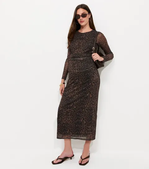 Women's Maternity Brown Leopard Print Crew Neck Ruched Mesh Midi Dress