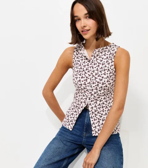 Women's Cream Cotton Rich Floral Print Ribbed Button Through Tank Top