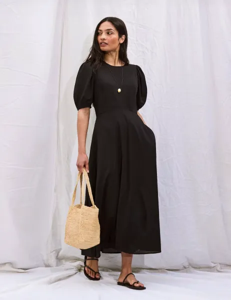 RO&ZO Pure Cotton Puff Sleeve Midaxi Waisted Dress Black