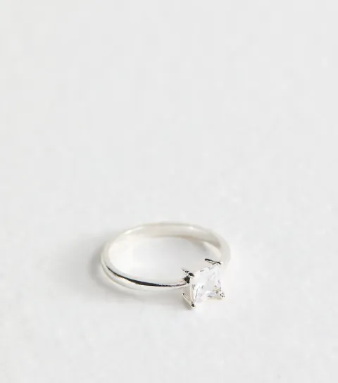 Silver Tone Square Cubic Zirconia Ring