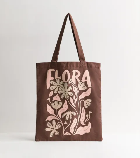 Brown Flora Print Tote Bag