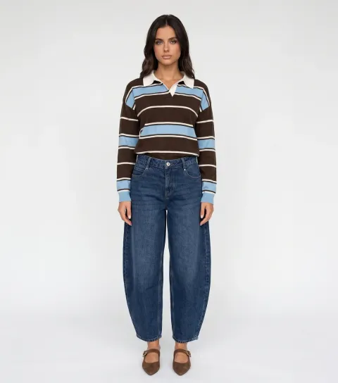 Urban Bliss Women's Blue Striped Polo Shirt Jumper