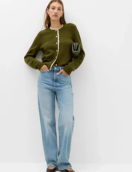 Marks & Spencer Lace Detail Crew Neck Cardigan Dark Olive Mix