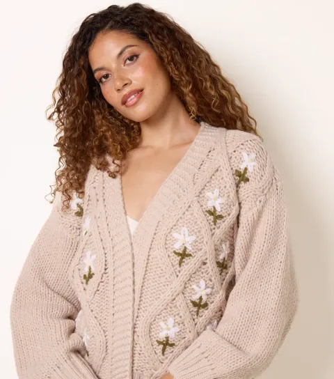Blue Vanilla Women's Stone Cable Knit Flower Cardigan