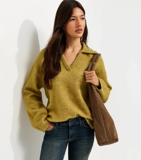 Women's Green Knitted Polo Jumper