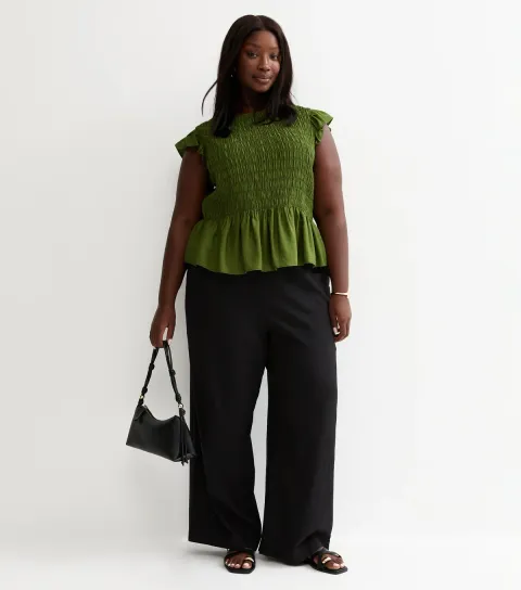 Women's Plus Size Black Linen Blend Wide Leg Trouser Curves