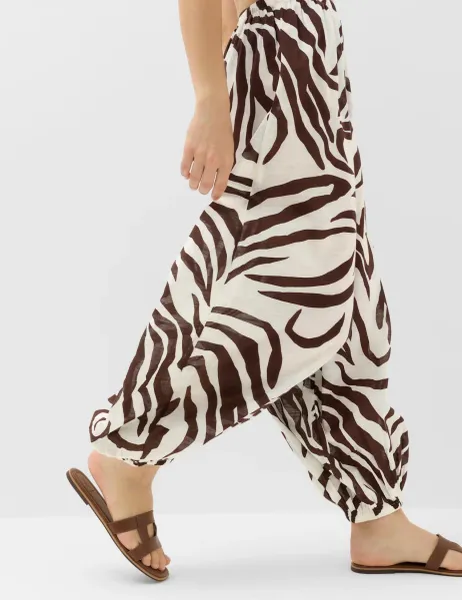 Marks & Spencer Pure Cotton Animal Print High Waisted Parachute Trousers Ivory Mix