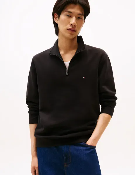 Tommy Hilfiger Essential Cotton Rich Half Zip Fleece Jumper Black