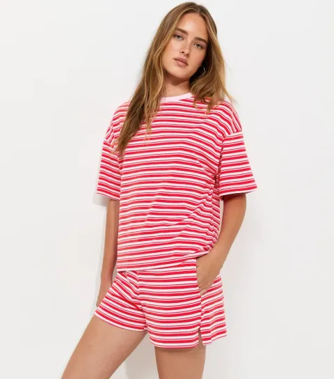 Women's Pink Cotton Striped Side Split Shorts