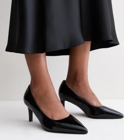Women's Wide Fit Black Patent Faux Leather Pointed Toe Pumps Vegan