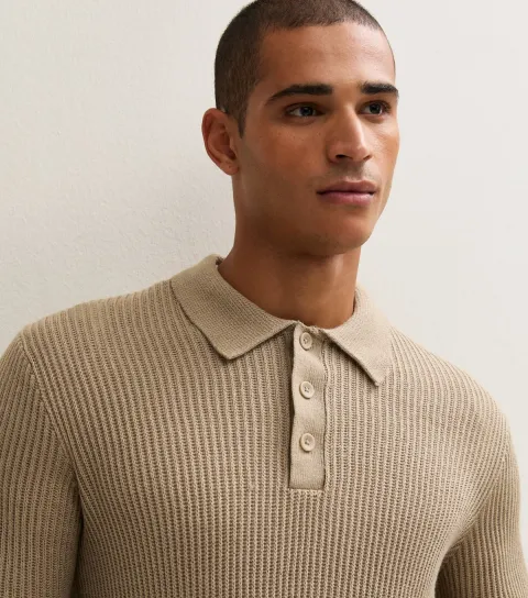 Jack & Jones Men's Camel Ribbed Knit Polo Collar Jumper with Cotton