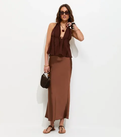 Women's Dark Brown Satin Bias Cut Midi Skirt