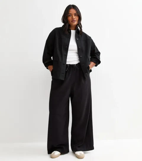 Women's Plus Size Black Cotton Twill Wide Leg Trousers Curves