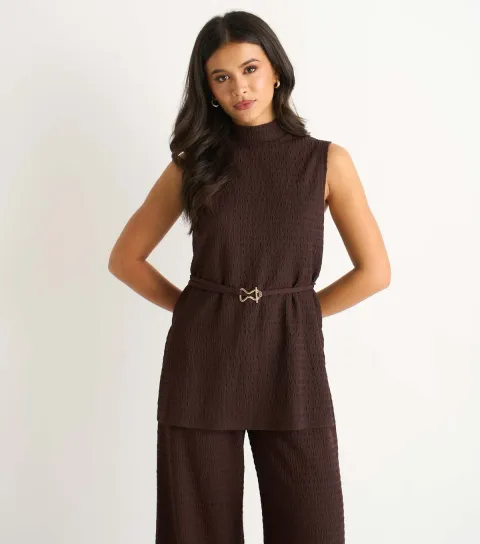 Women's Dark Brown Funnel Neck Tabard Top