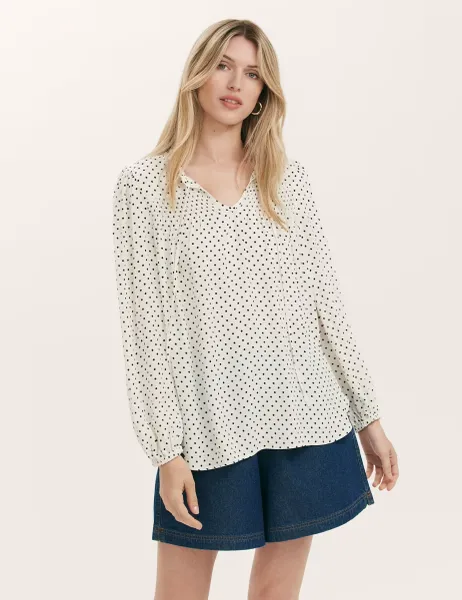 Finery London Crepe Polka Dot Tie Neck Blouse Ivory Mix