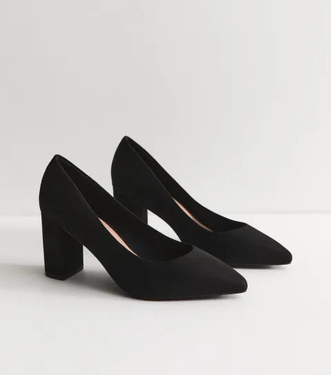 Women's Wide Fit Black Faux Suede Pointed Toe Court Shoes Vegan
