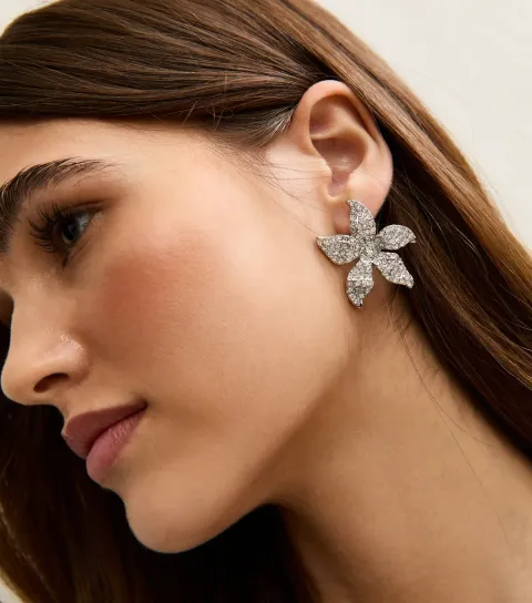 Large Silver Diamante Flower Stud Earrings