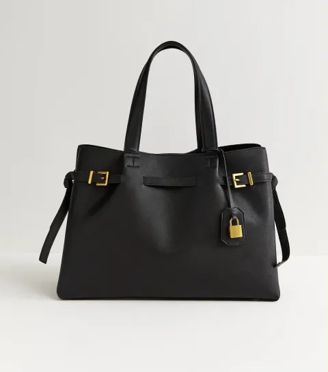 Black Faux Leather Belted Padlock Tote Bag Vegan