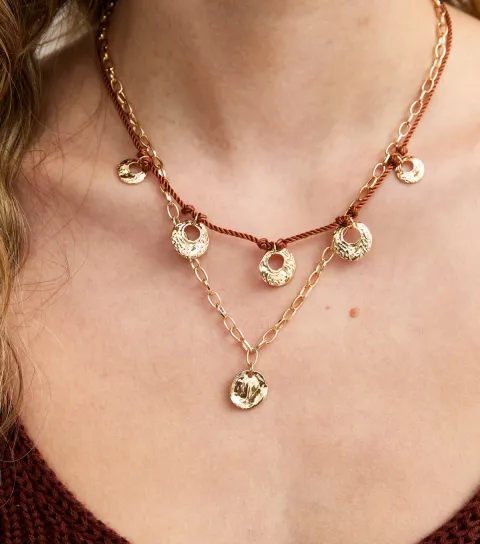 Gold Tone Layered Rope and Chain Pendant Necklace
