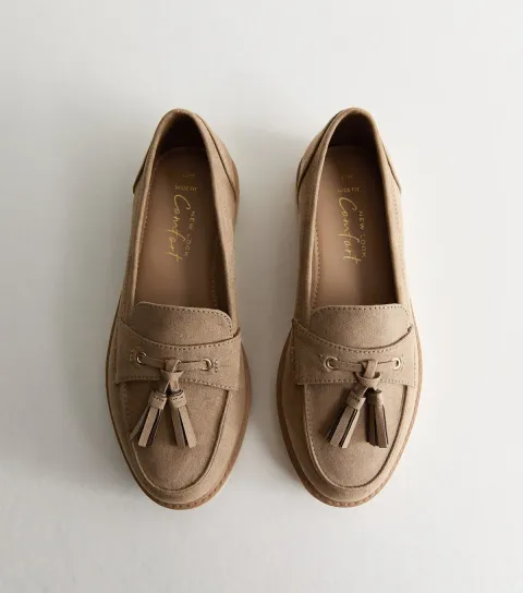 Women's Wide Fit Light Brown Faux Suede Flatform Loafers Vegan