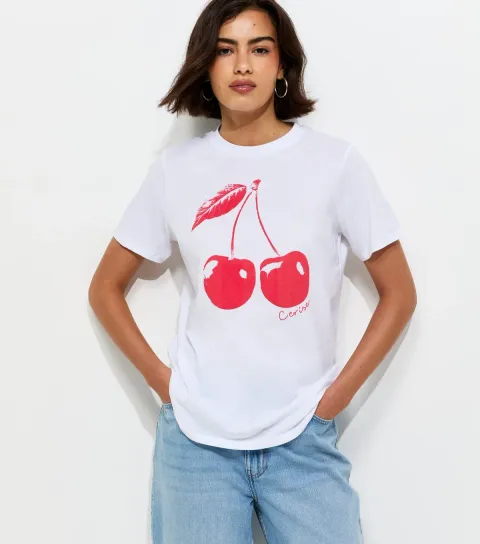 Women's White Cotton Cherry Print T-Shirt