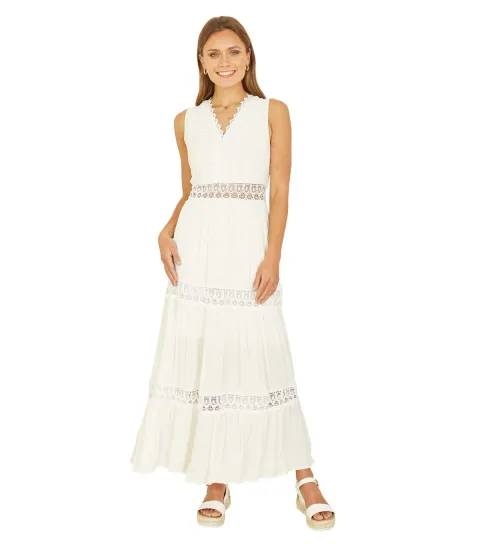 Women's White Lace Trim Tiered Midi Dress