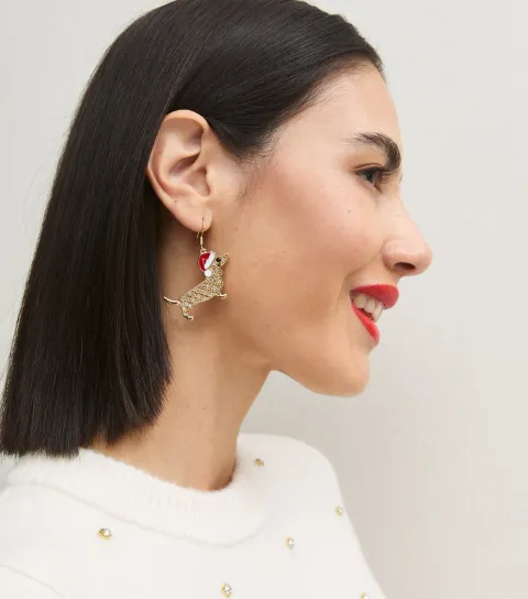 New Look Gold Tone Christmas Diamante Sausage Dog Drop Earrings