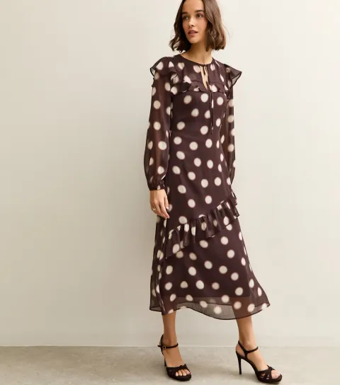 Women's Brown Chiffon Blurred Polka Dot Midi Dress