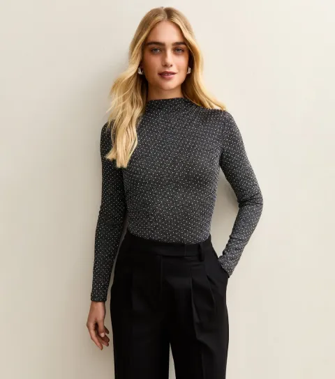 Women's Grey Diamante Embellished Long Sleeve Bodysuit