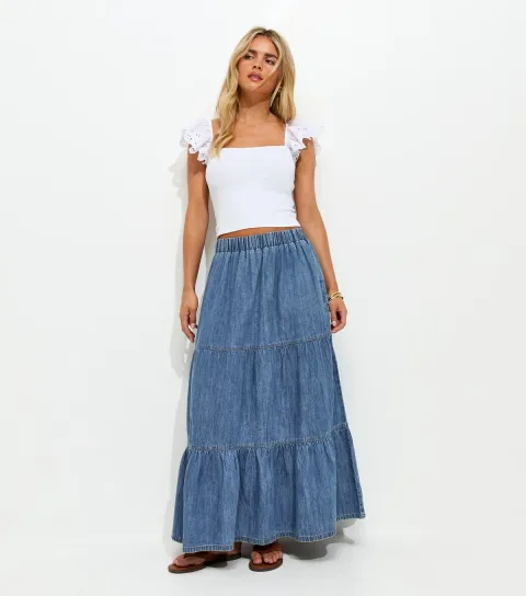 Women's Petite Blue Tiered Midi Skirt