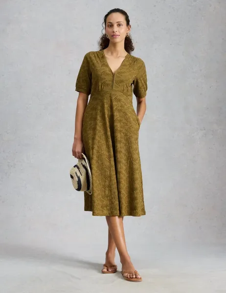 White Stuff Pure Cotton Jersey Embroidered Midi Dress Olive