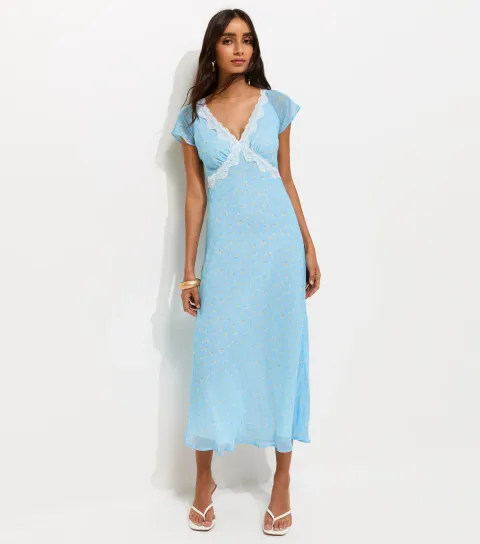 Women's Blue Rose Print Lace Trimmed Chiffon Midi Dress