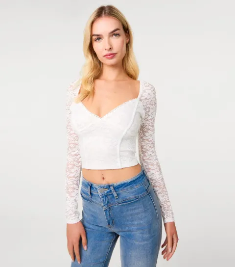 Women's White Lace Long Sleeve Corset Style Top