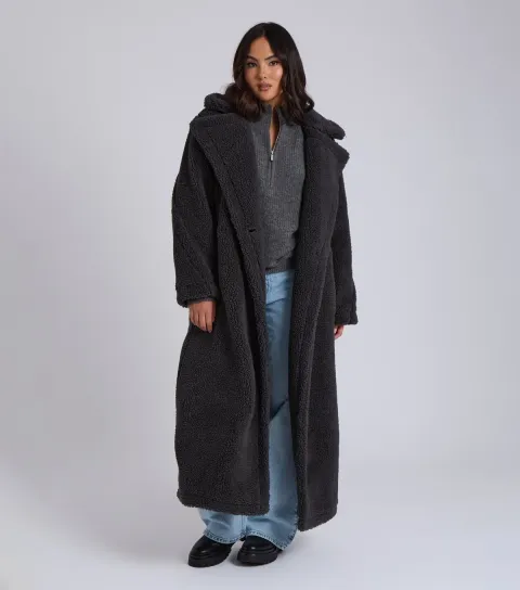 Women's Grey Borg Longline Coat