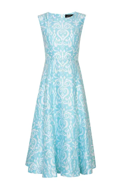 Lettie Dress in Aqua Ikat Printed Silk Shantung